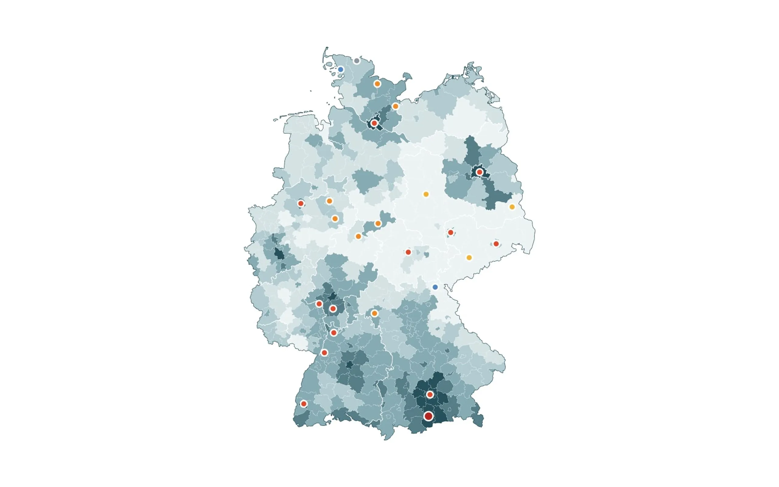 Deutschlandkarte der Kreise nach Angebotsmiete 2024 mit den Orten aus der Wohnwetterkarte 2025